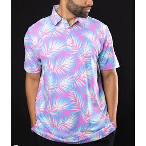 Sunday Swagger Men's Medium Golf  Performance Polo Maldives Pink Blue Palm Print